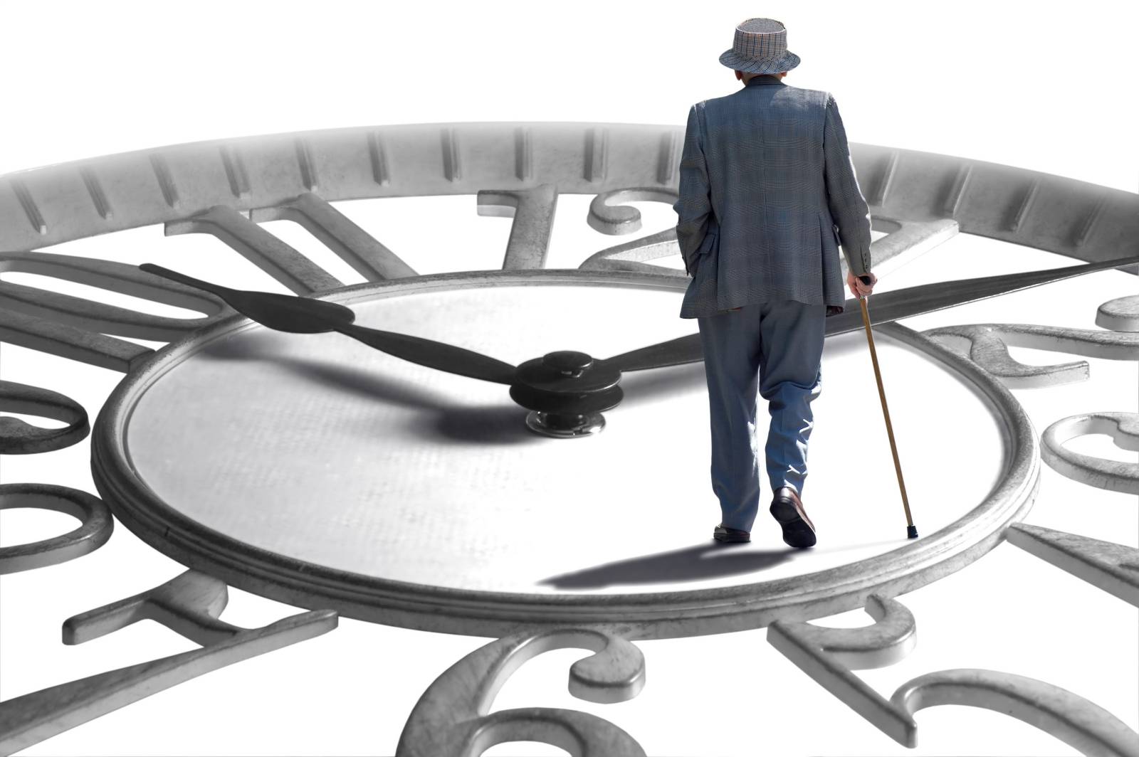 old man walking across clock