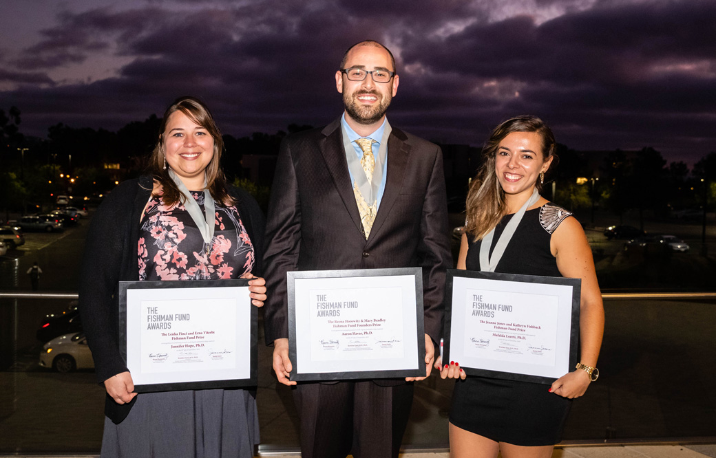 2019 Fishman Fund Award winners, left to right: Jennifer Hope, PhD, Aaron Harvas, PhD, Mafalda Loreti, PhD