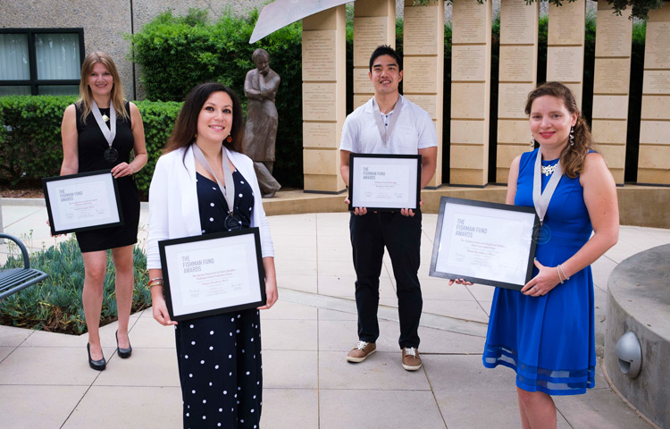 From left to right: Daniela Dengler, PhD (Conrad Prebys Center for Chemical Genomics); Chiara Nicoletti, PhD (Puri lab); Kyungsoo Shin, PhD (Marassi lab); and Marie Berenguer, PhD (Duester lab)