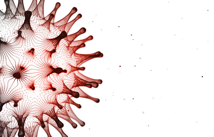 3D render red, black and white closeup of covid-19 coronavirus particle