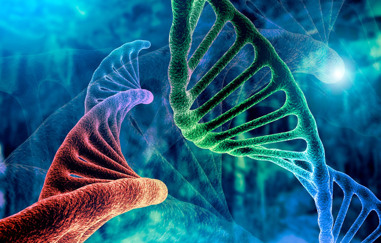 DNA strand and Cancer Cell Oncology Research Concept 3D rendering, abstract background