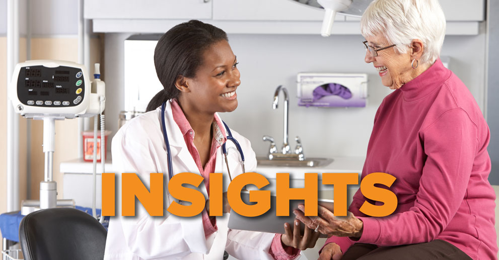 Insights graphic, smiling Black female doctor with smiling older white woman patient