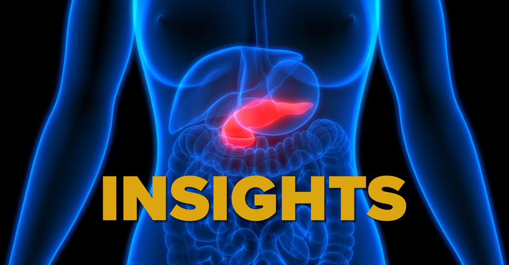 Illustration of torso with pancreas highlighted with Insights text overlay