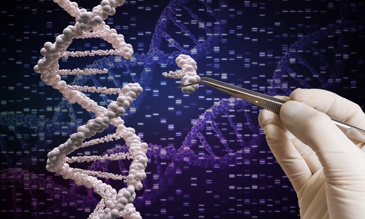 Illustration of hand with tweezers inserting segment into DNA on purple and blue background