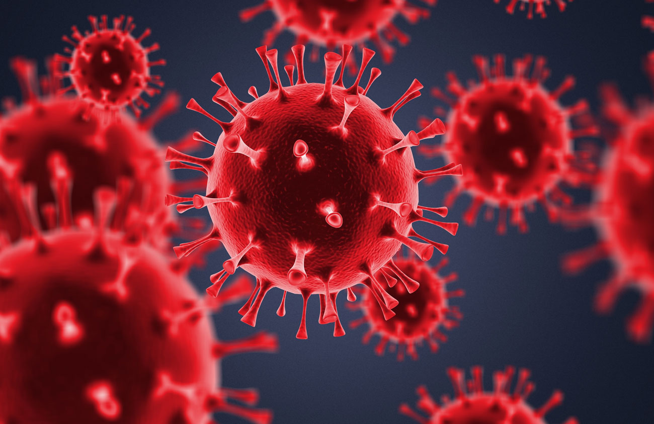 Illustration of red coronavirus particles against a dark blue background