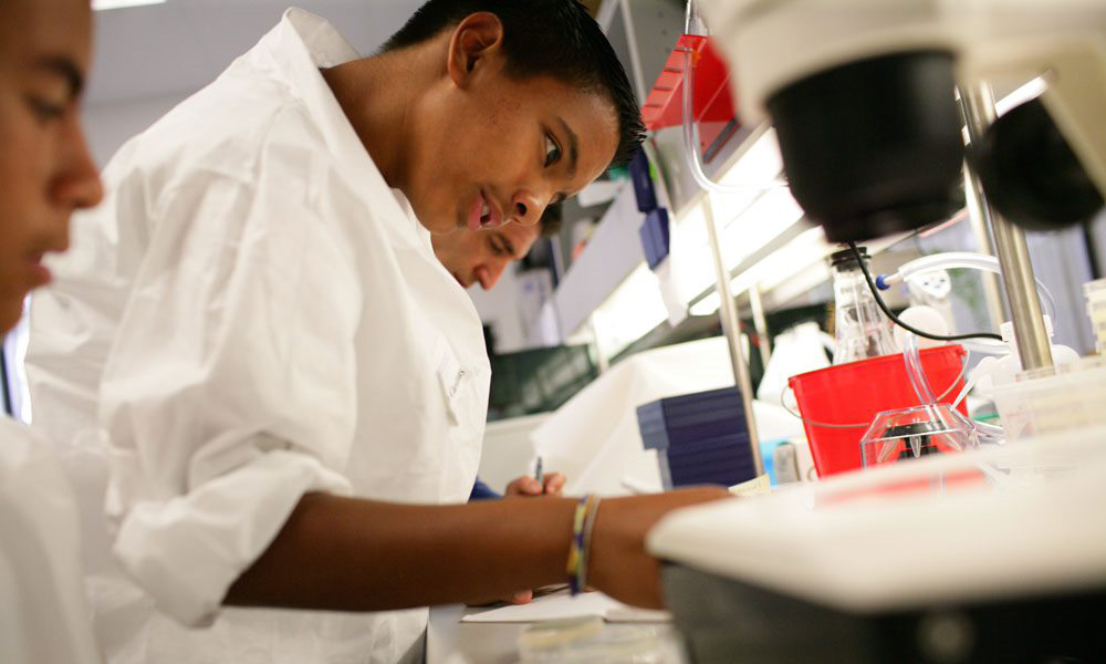 Male student in a lab coat at the lab bench working on his research