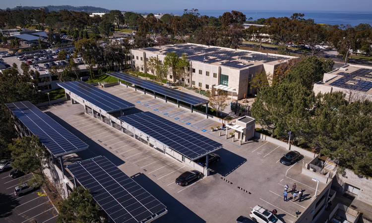 Aerial view of solar panels on the roof of the Institute's parking structure