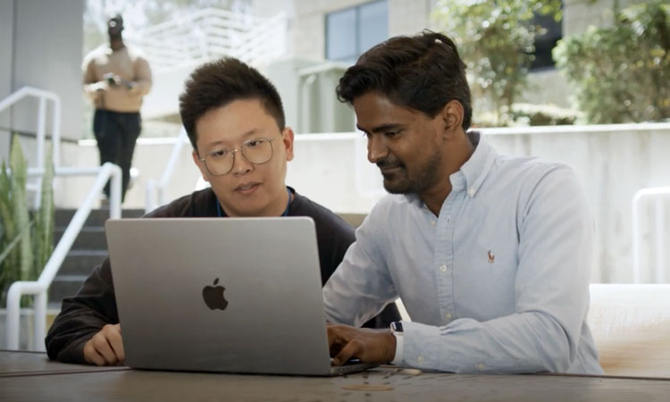 Sanju Sinha (right) with computational biologist Lihe Liu, PhD, a postdoc member of Sinha’s new lab