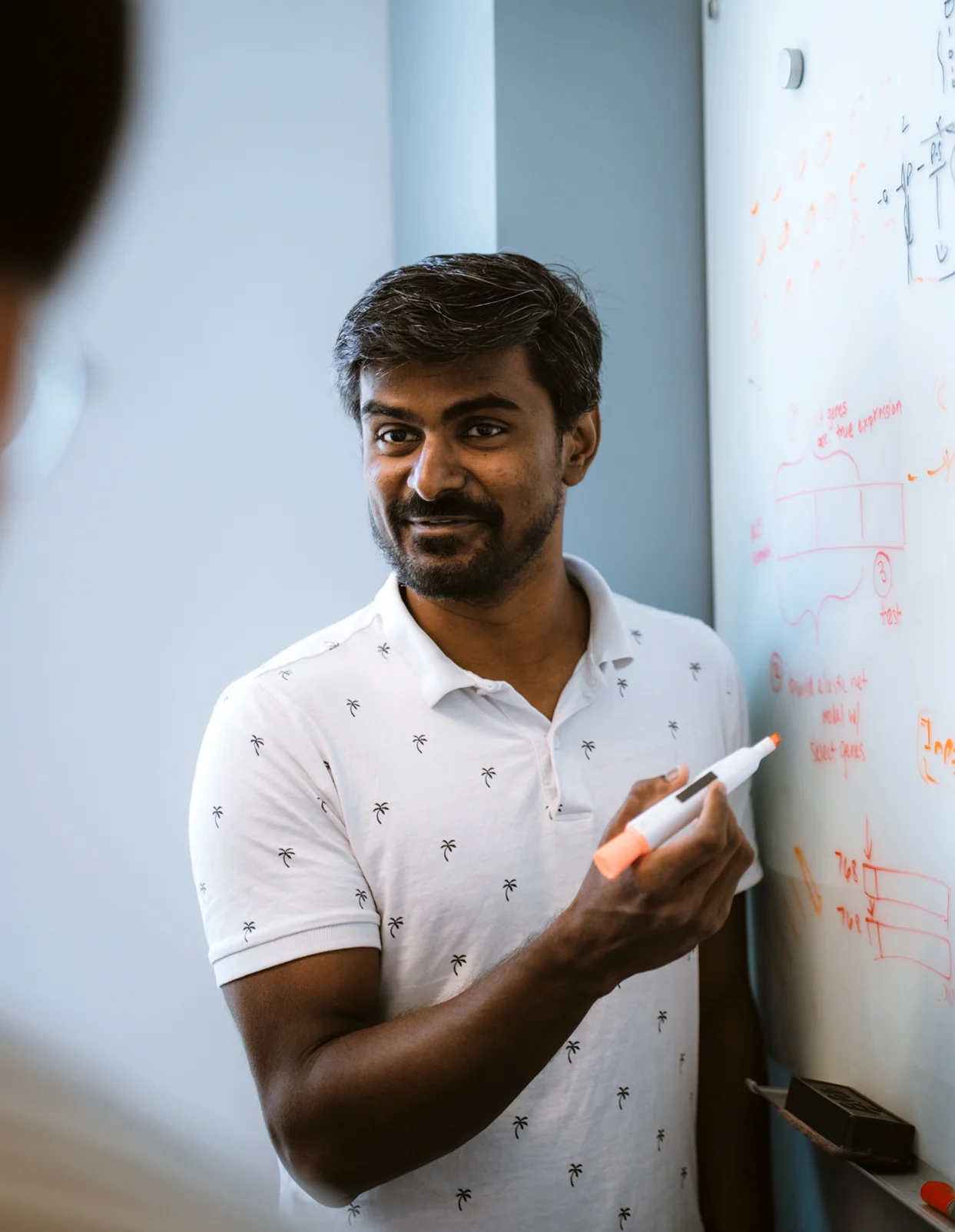 Sanju Sinha speaking at whiteboard