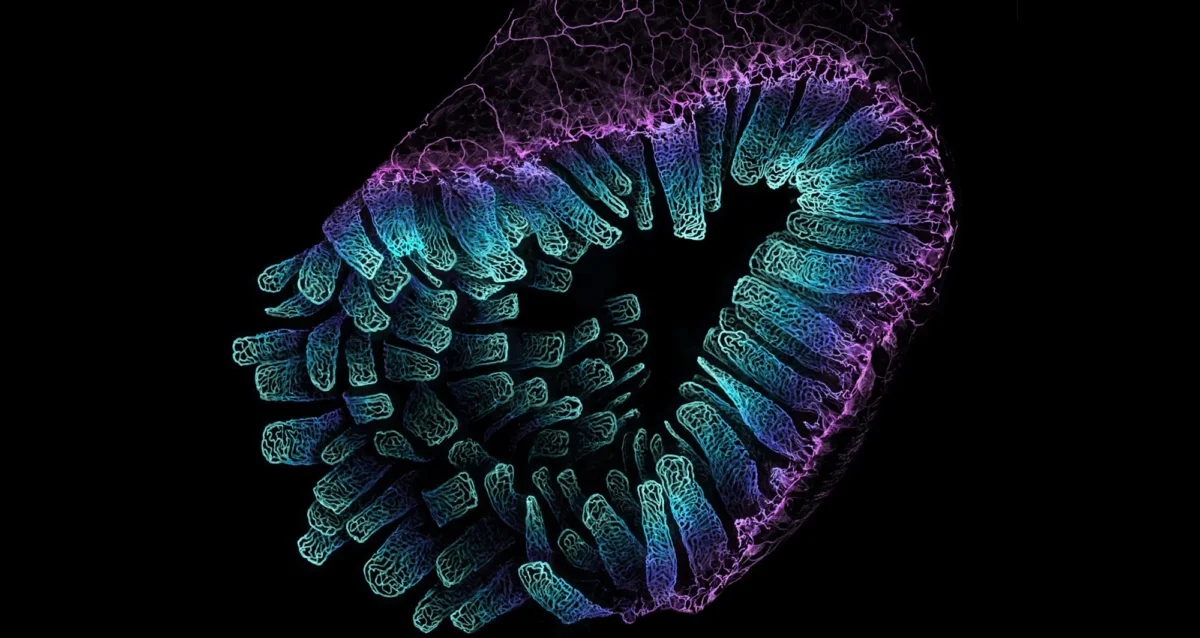 confocal micrograph of blood vessel networks in the intestine of an adult mouse. Image courtesy of Satu Paavonsalo and Sinem Karaman, University of Helsinki.