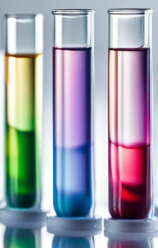 stock image of three test tubes filled with different colored liquids