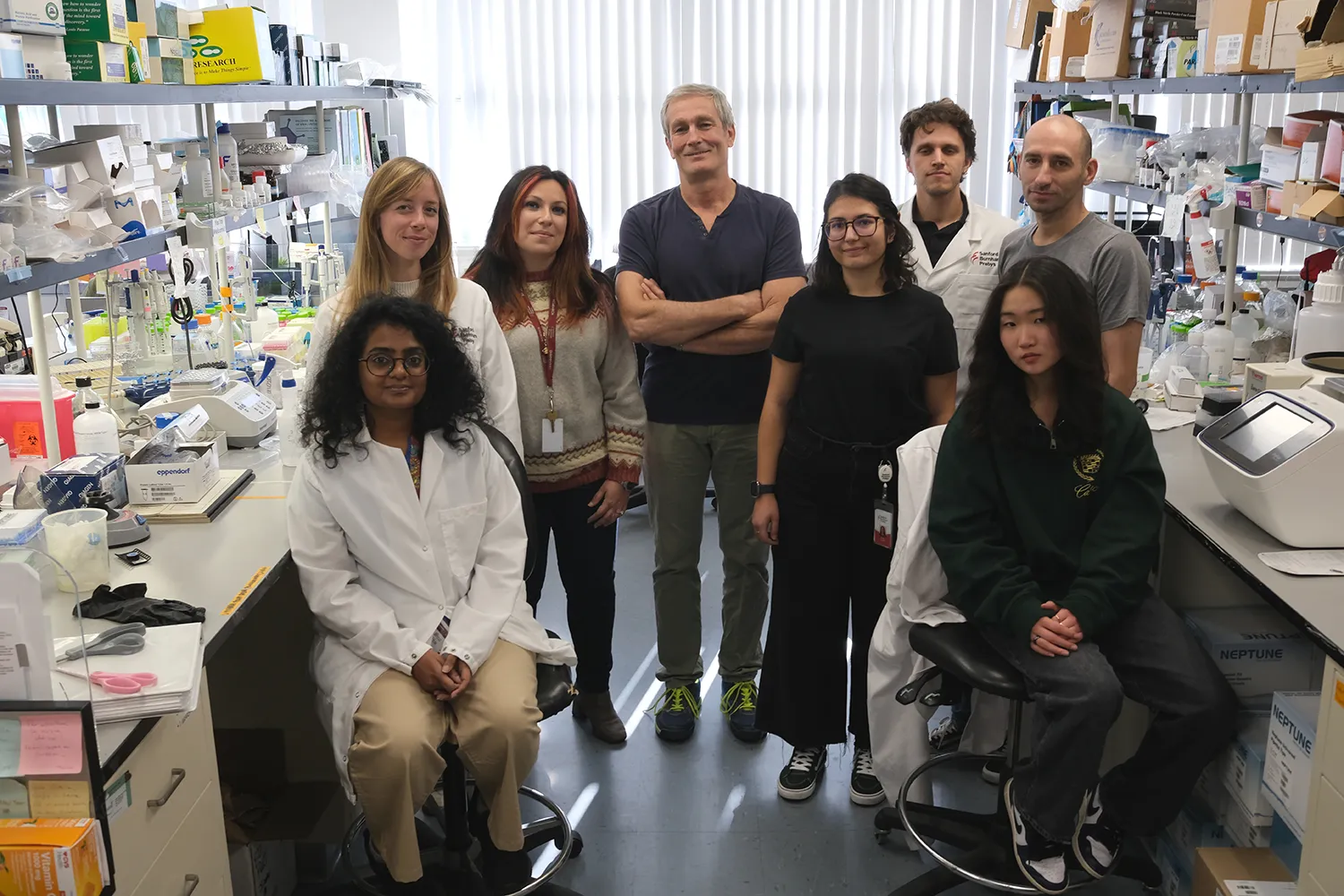 The Puri lab at Sanford Burnham Prebys. Co-first author Chiara Nicoletti is third from left. Senior and corresponding author Lorenzo Puri is at center. Co-first author Jimmy Massenet is third from right. Co-corresponding author Luca Caputo is second from right.