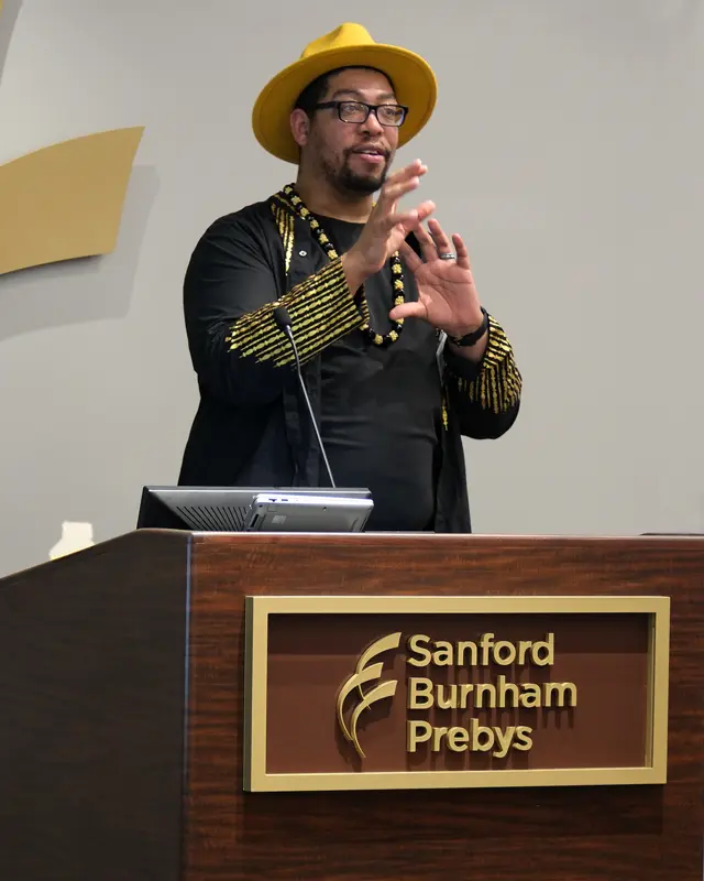 A.J. Hilton, PhD, giving keynote address. Photo credit Sanford Burnham Prebys
