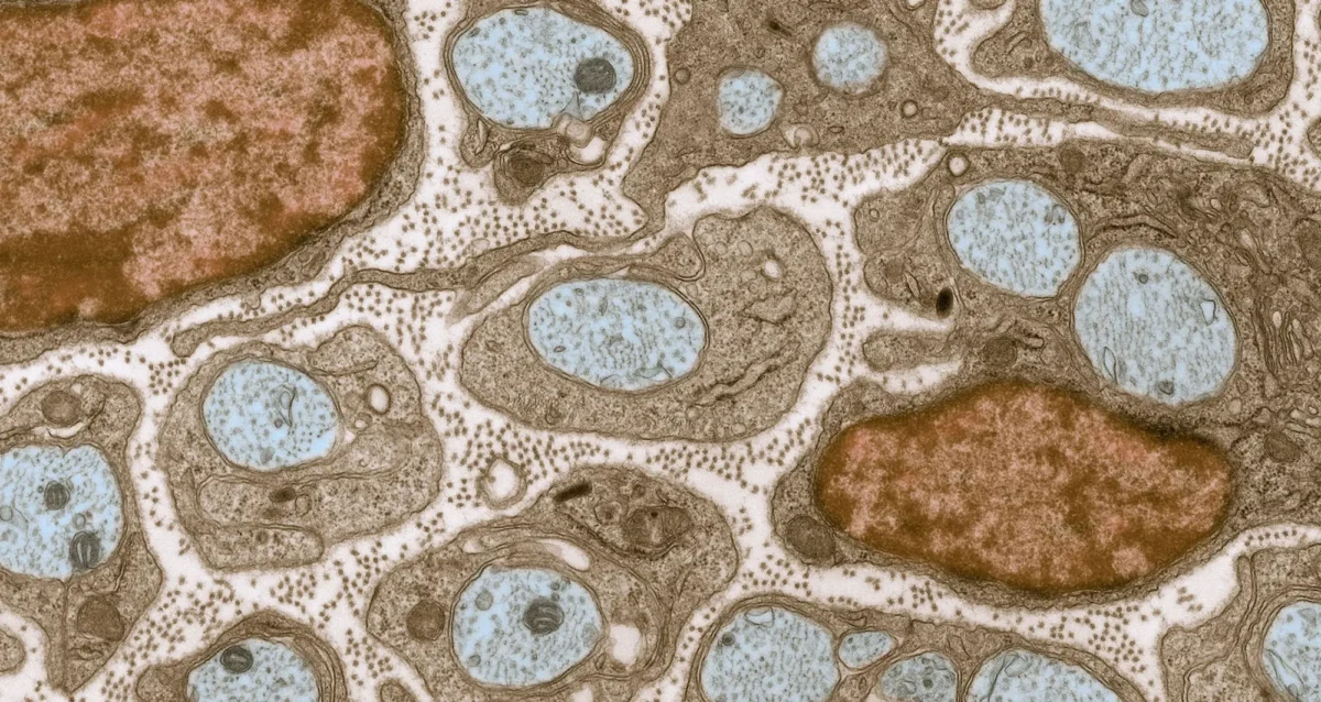 extracellular matrix (pink) is present between the axons of nerve cells. Blue-colored nerve cell axons are surrounded by brown-colored, myelin-supplying Schwann cells, which act like insulation to help speed the transmission of electric nerve impulses down the axon. The tiny brown spots within the ECM are collagen fibers