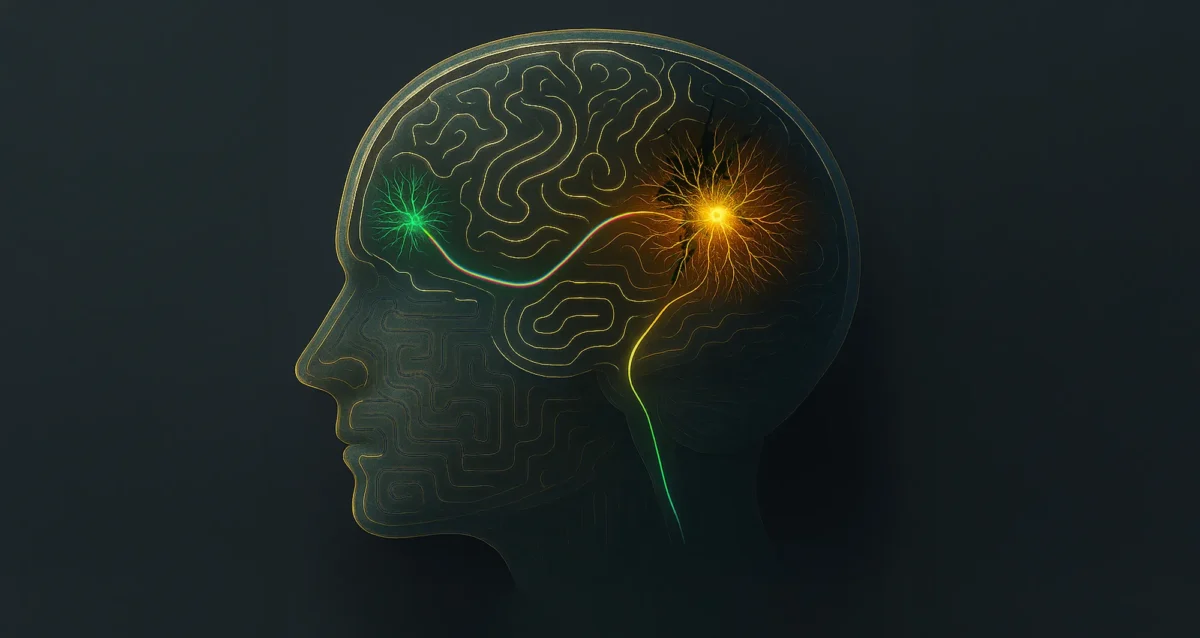 Illustration showing a transplanted nerve cell (gold) using its internal compass (code) to find its partner nerve cells in the brain and spinal cord (green). Image credit: Su-Chun Zhang, Sanford Burnham Prebys.