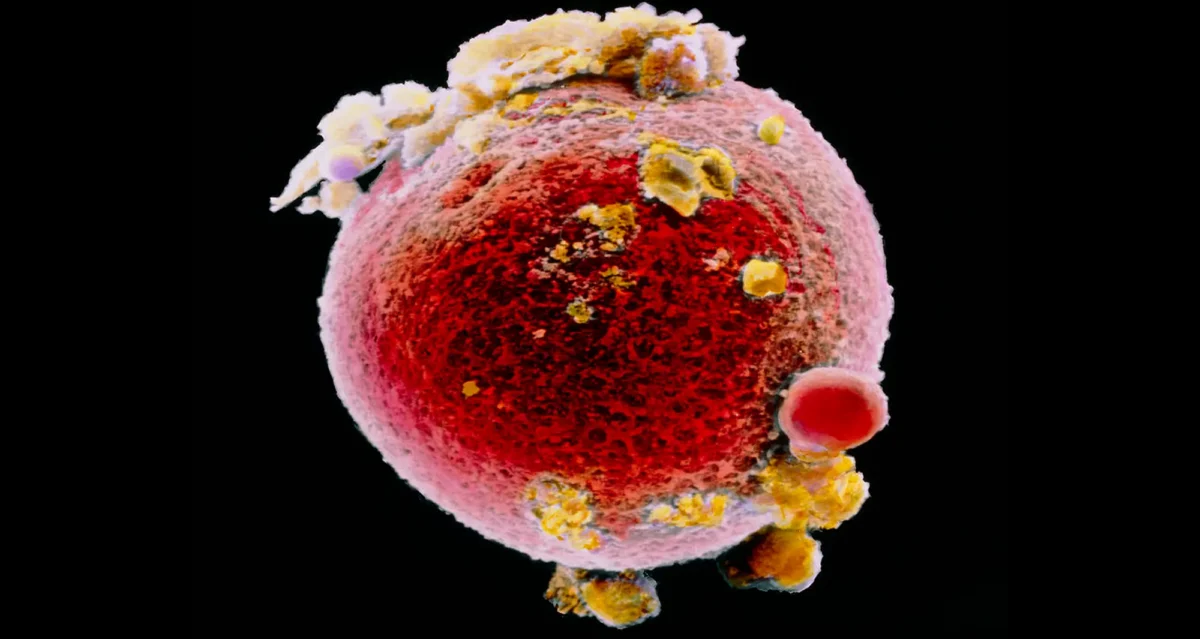 False color scanning electron micrograph of a single human ovum or egg cell. Human ova are among the largest cells in the human body and are visible to the naked eye, roughly the size of a single, small grain of sand. Image courtesy of SPG.