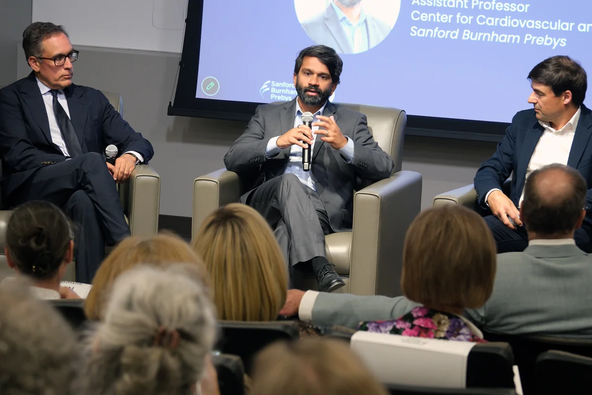 Ehtisham Mahmud, Sanjeev Ranade and Alexandre Colas during panel discussion. Image credit: Sanford Burnham Prebys.