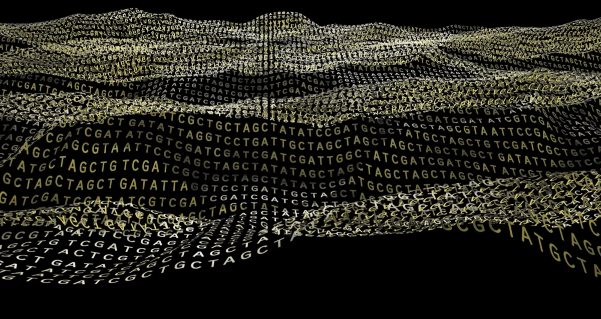 Abstract digital stream of DNA code. 3D rendering.