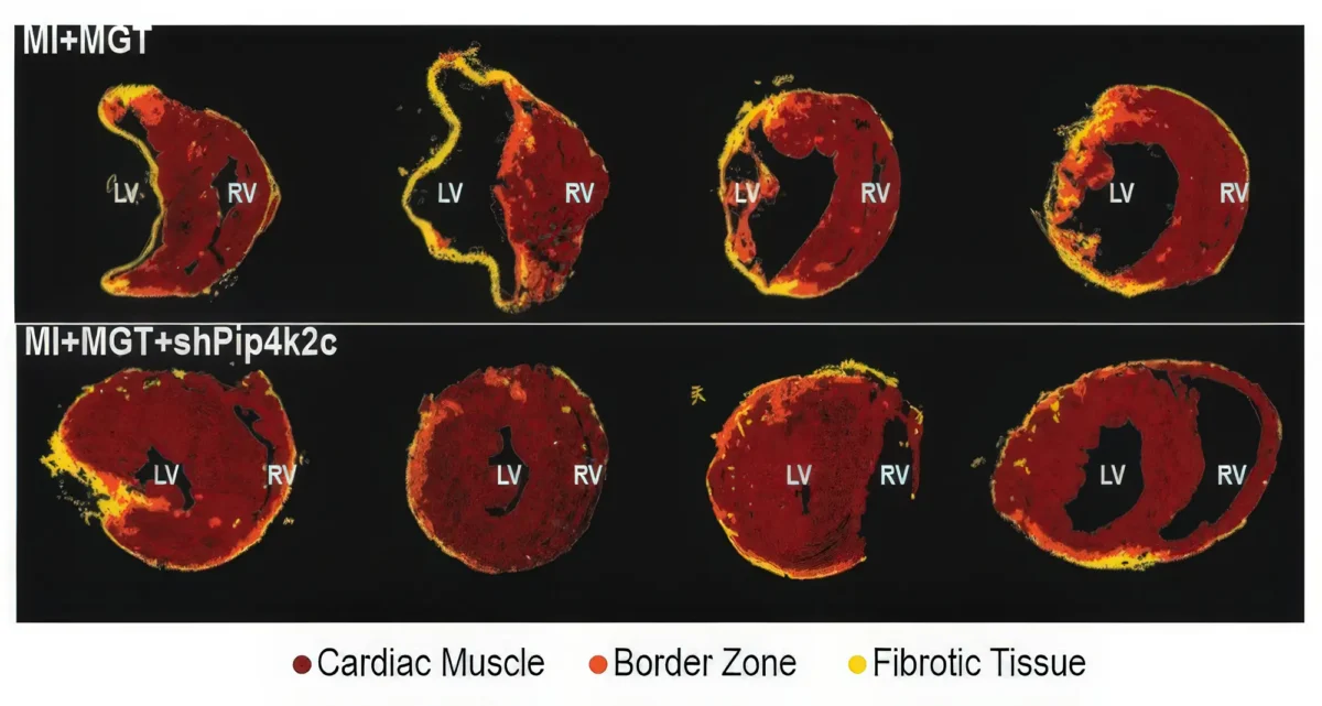 When the research team compared a combined treatment that blocked the PIP4K2C enzyme and prompted reprogramming in the hearts of mice to one that only initiated cellular reprogramming, the linked treatment (shown in the bottom row) was significantly more successful. Image credit: Alexandre Colas, Sanford Burnham Prebys.
