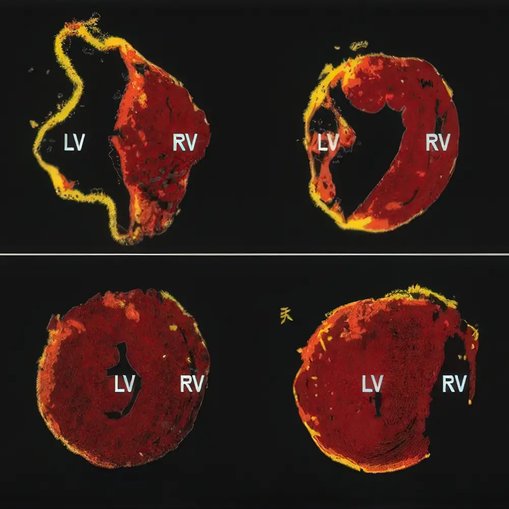 When the research team compared a combined treatment that blocked the PIP4K2C enzyme and prompted reprogramming in the hearts of mice to one that only initiated cellular reprogramming, the linked treatment (shown in the bottom row) was significantly more successful. Image credit: Alexandre Colas, Sanford Burnham Prebys.