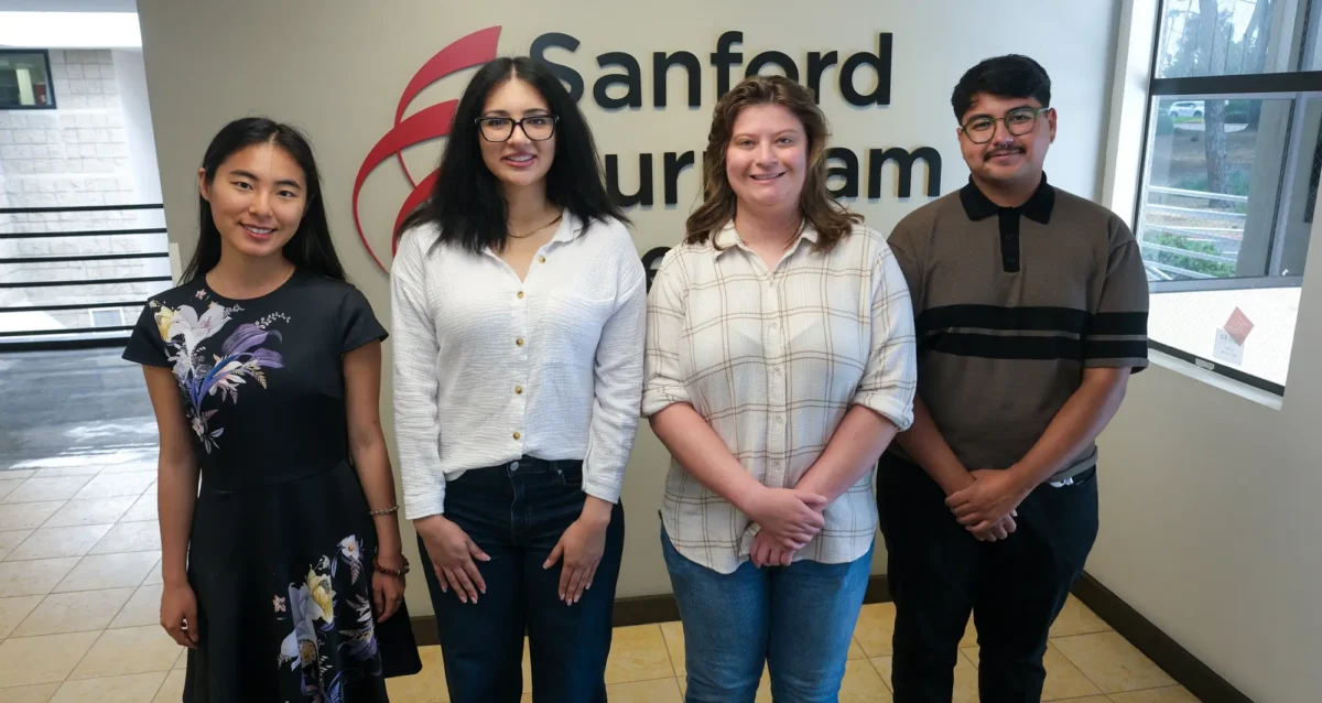 LEAP program participants recently shared their research at a capstone presentation event. From left to right: Yun Ma, Sarina Safavi, Isabel Sakowicz and Josue Navarrete. Not pictured: Mahek Shah. Image credit: Sanford Burnham Prebys.