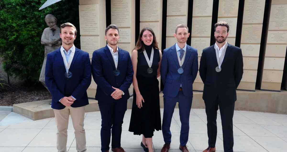 2026 Fishman Award winners. From left: Amador Gallardo de los Reyes, Jimmy Massenet, Lucia Alcober Boquet, Dominic Denk and Robert Wiesheu.