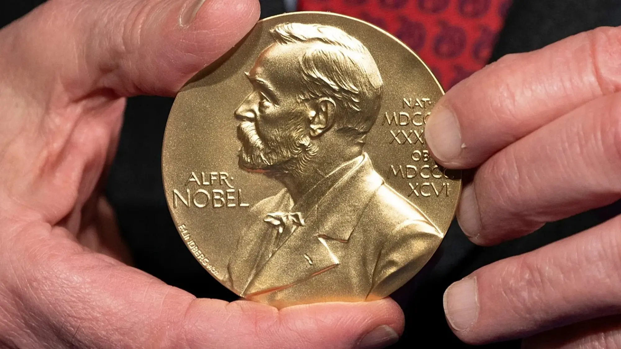 persons hand holding Nobel medal